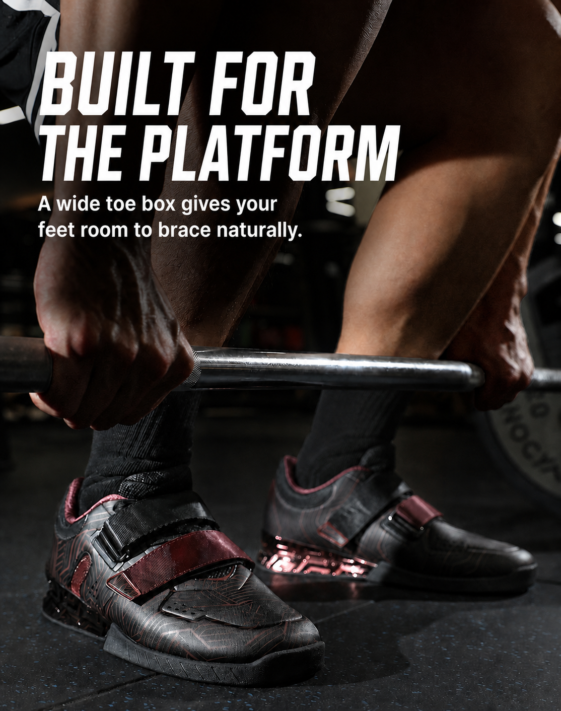 Lifter wearing wide toe box squat shoes with Built for the Platform message