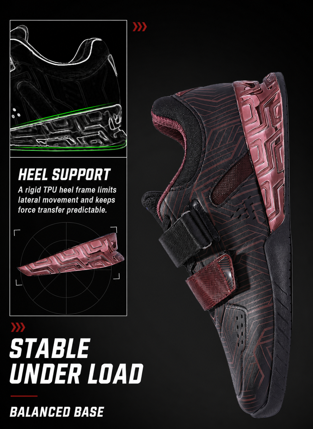 TPU heel support and balanced base construction