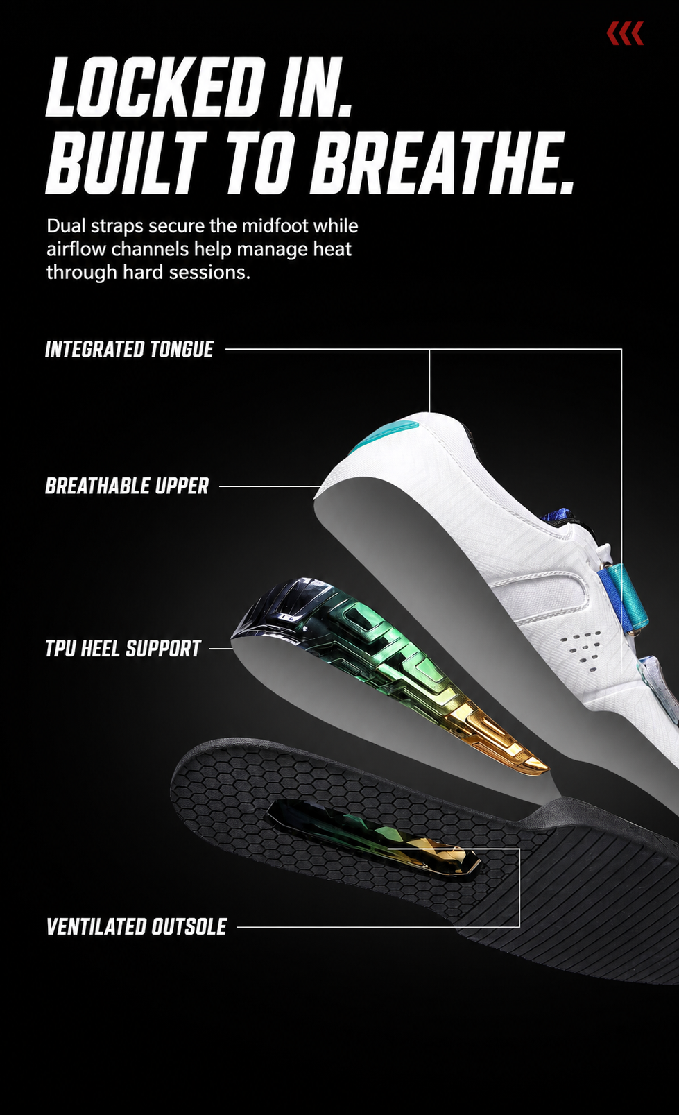 Integrated tongue, breathable upper, TPU heel support and ventilated outsole