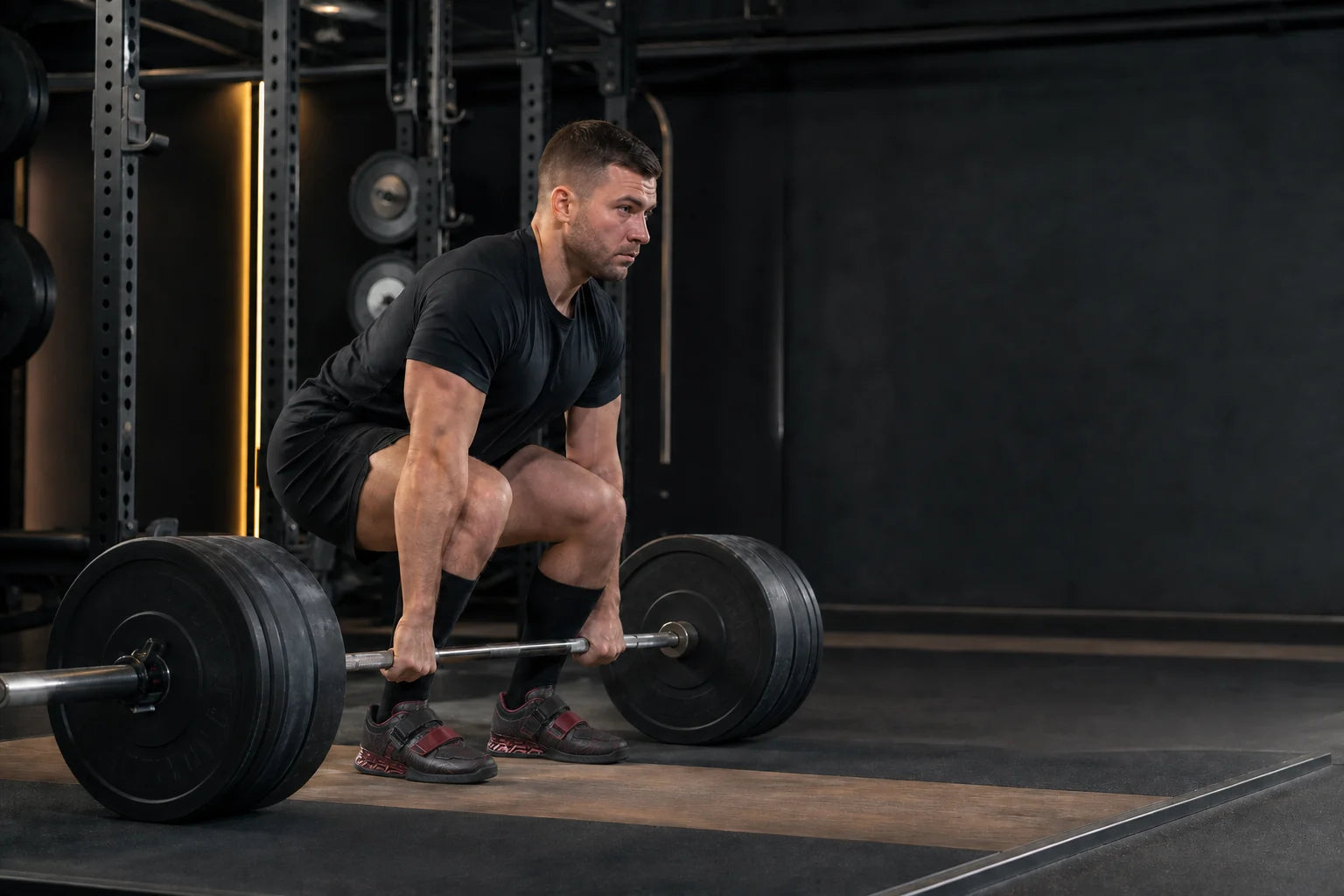 Strength athlete deadlifting in black and burgundy Zepoch R2588 lifting shoes