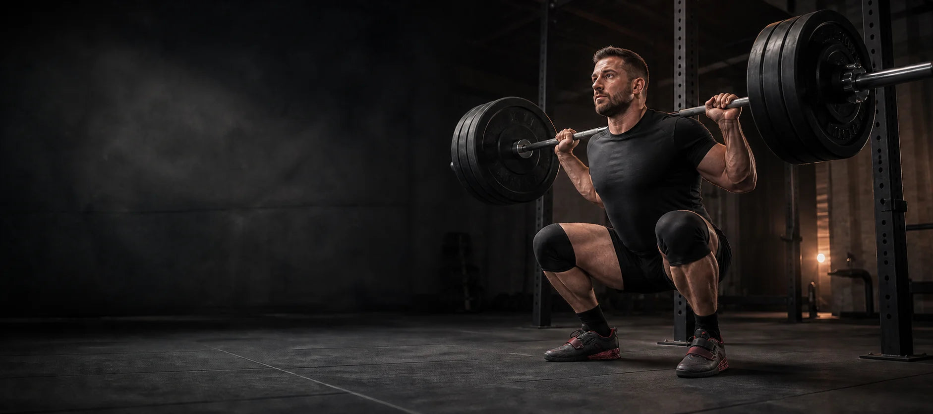 Powerlifting athlete squatting in black and burgundy Zepoch R2588 lifting shoes